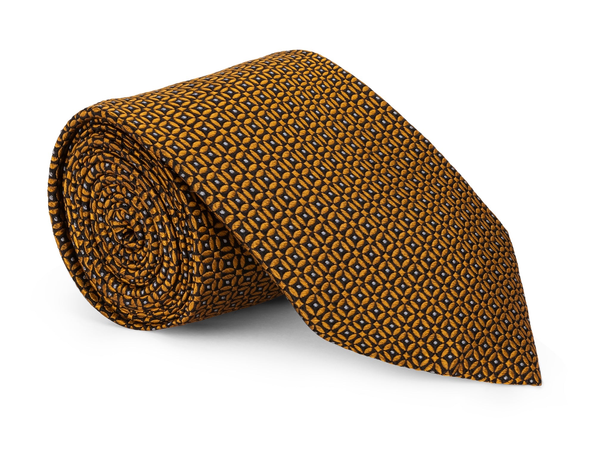Gold silk necktie with a neat repeating circle motif, close detail