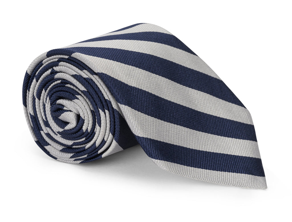 Silver striped silk necktie shown flat against a neutral background