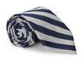 Silver striped silk necktie shown flat against a neutral background