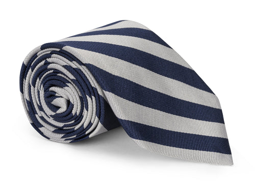 Silver striped silk necktie shown flat against a neutral background