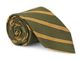 Olive green mogador striped necktie photographed flat on a light surface