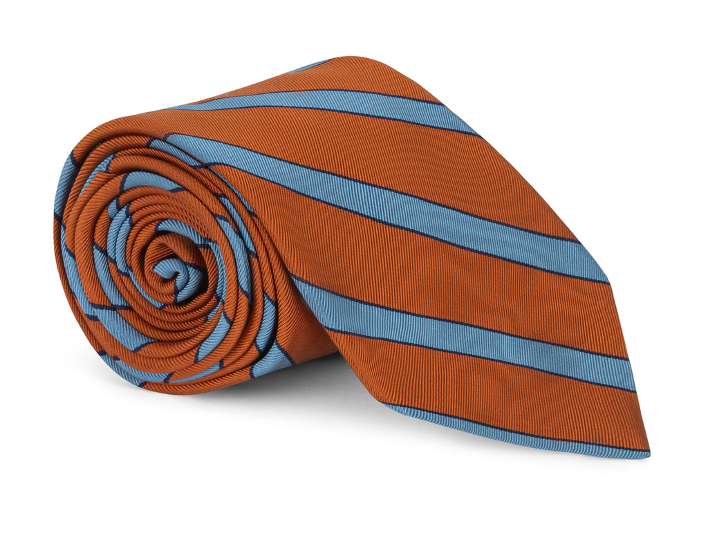 Orange mogador striped necktie shown knotted, textured matte weave