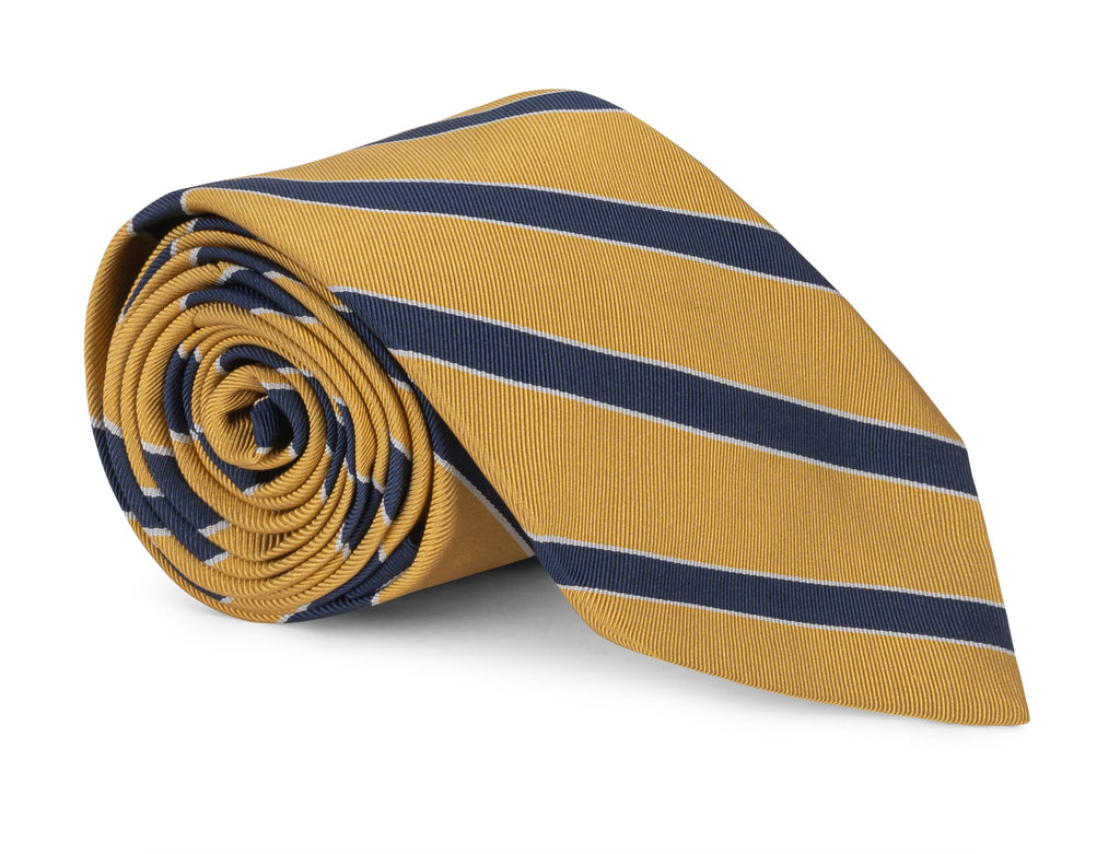 Yellow mogador striped necktie laid flat, matte woven surface visible
