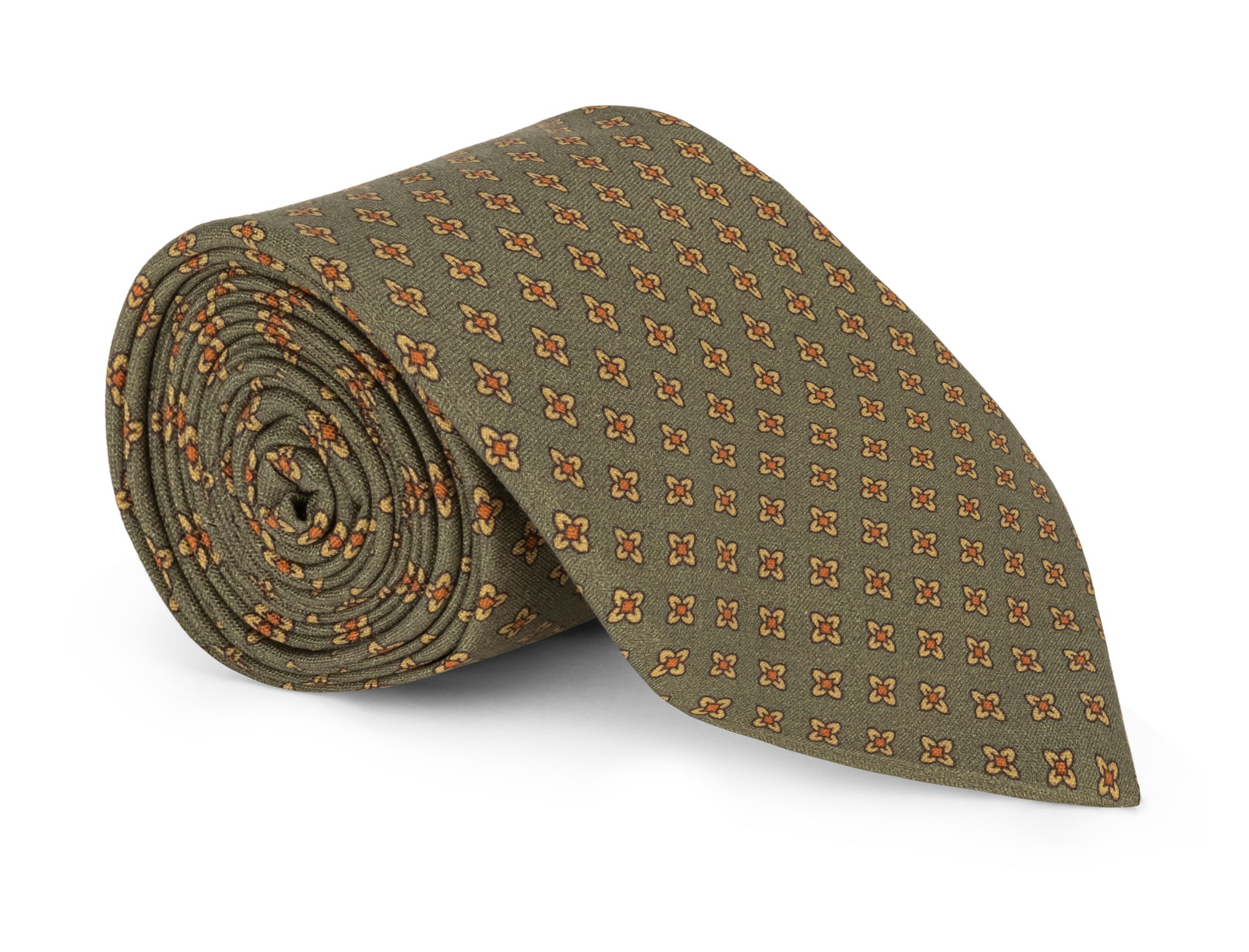 Moss green foulard silk necktie with a fine motif, photographed flat