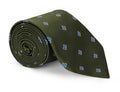 Green foulard silk necktie with a fine repeating pattern, laid flat