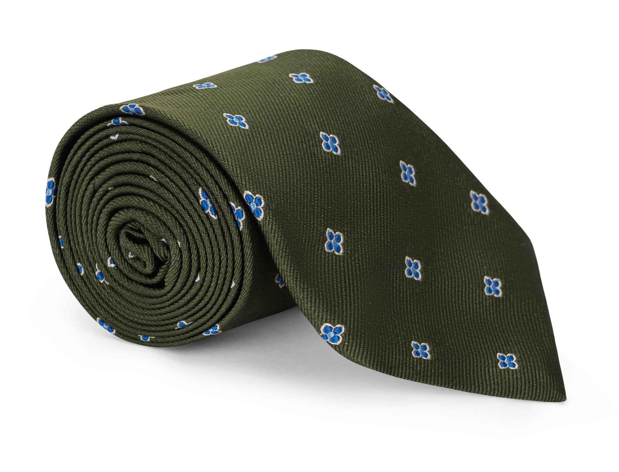 Green foulard silk necktie with a fine repeating pattern, laid flat