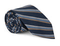 Navy mogador striped necktie with a matte textured finish, laid flat