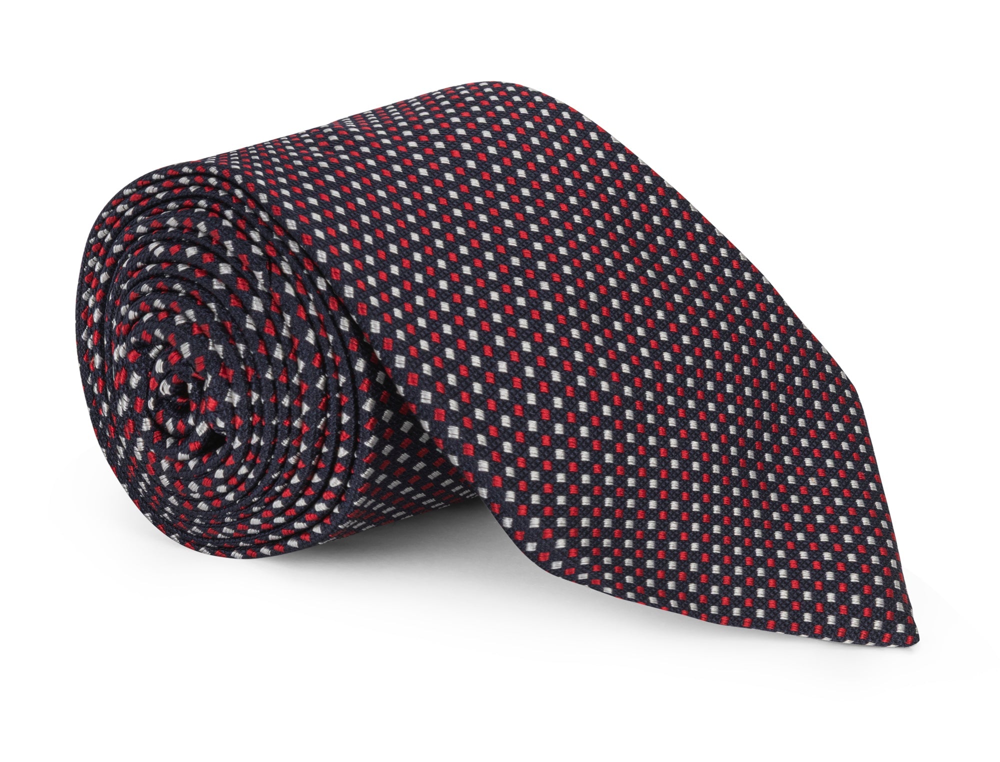 Navy semi-solid silk necktie shown knotted, subtle woven texture