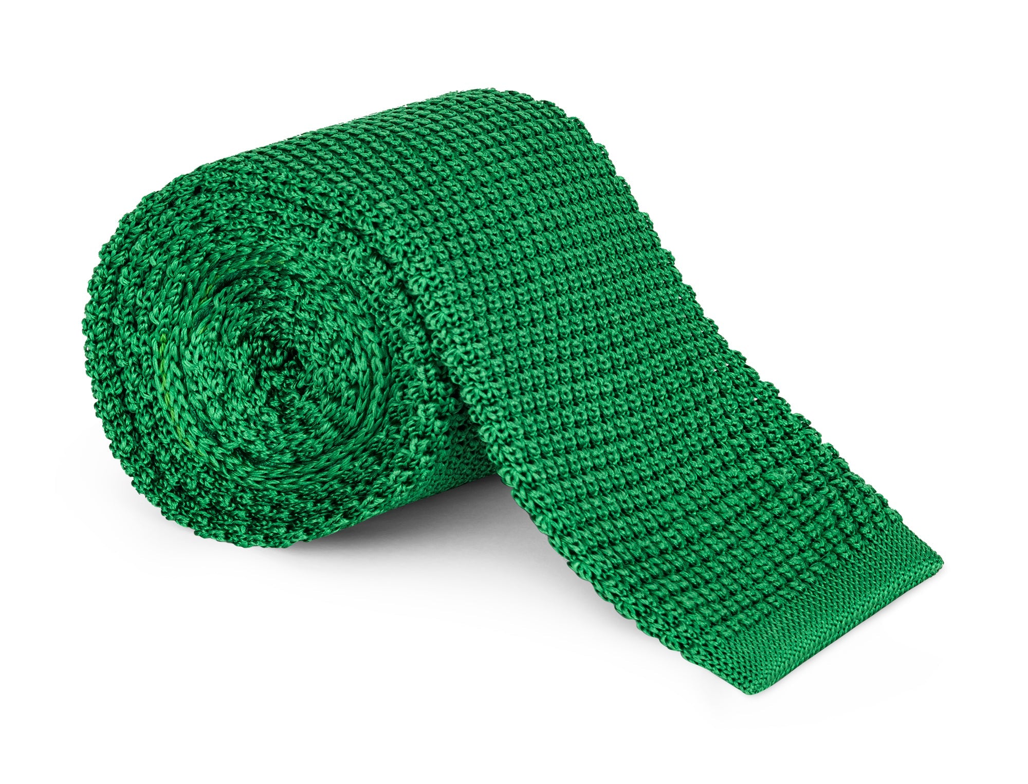 Emerald green knitted silk necktie with a squared tip, shown flat