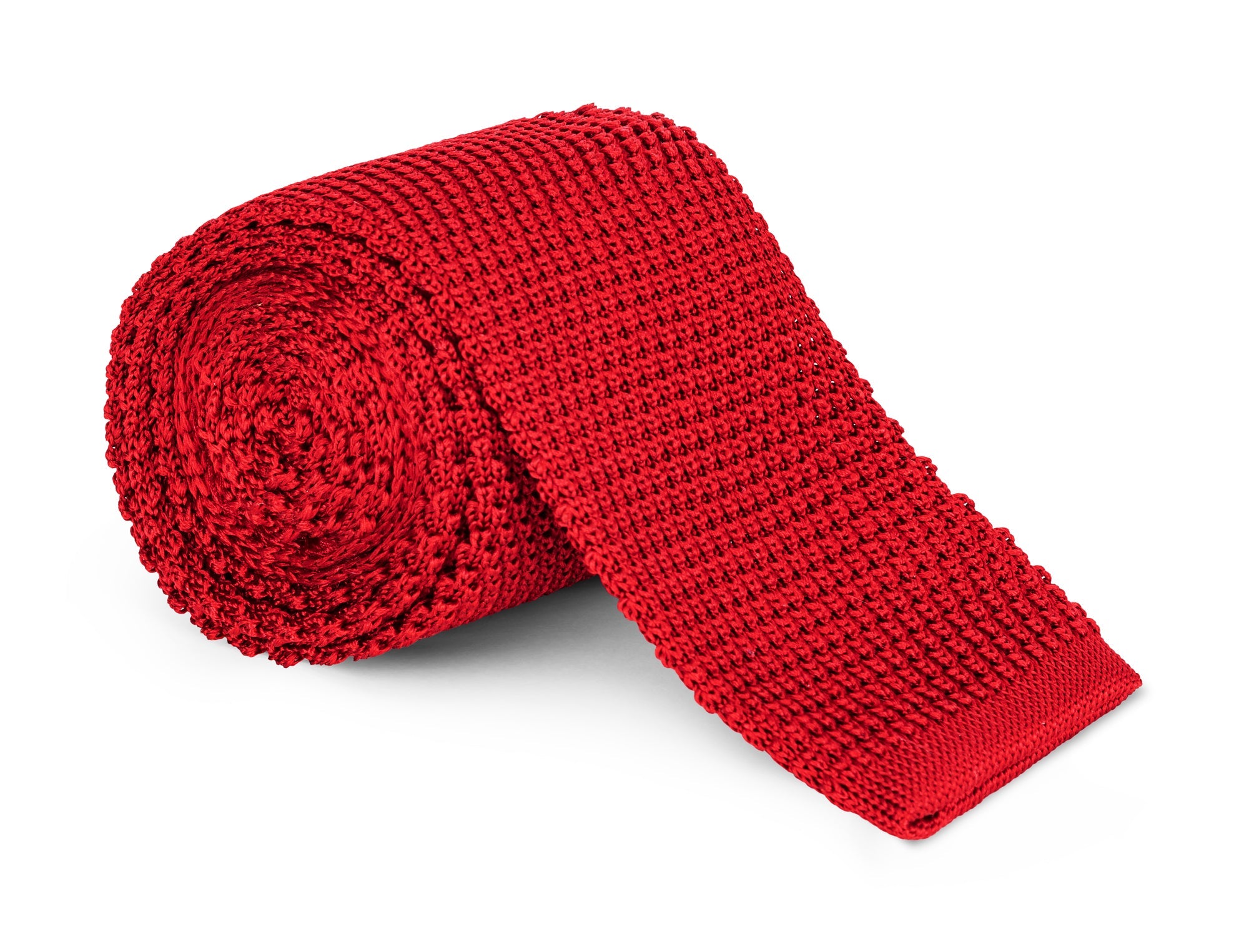 Red knitted silk necktie with a squared tip and open textured weave