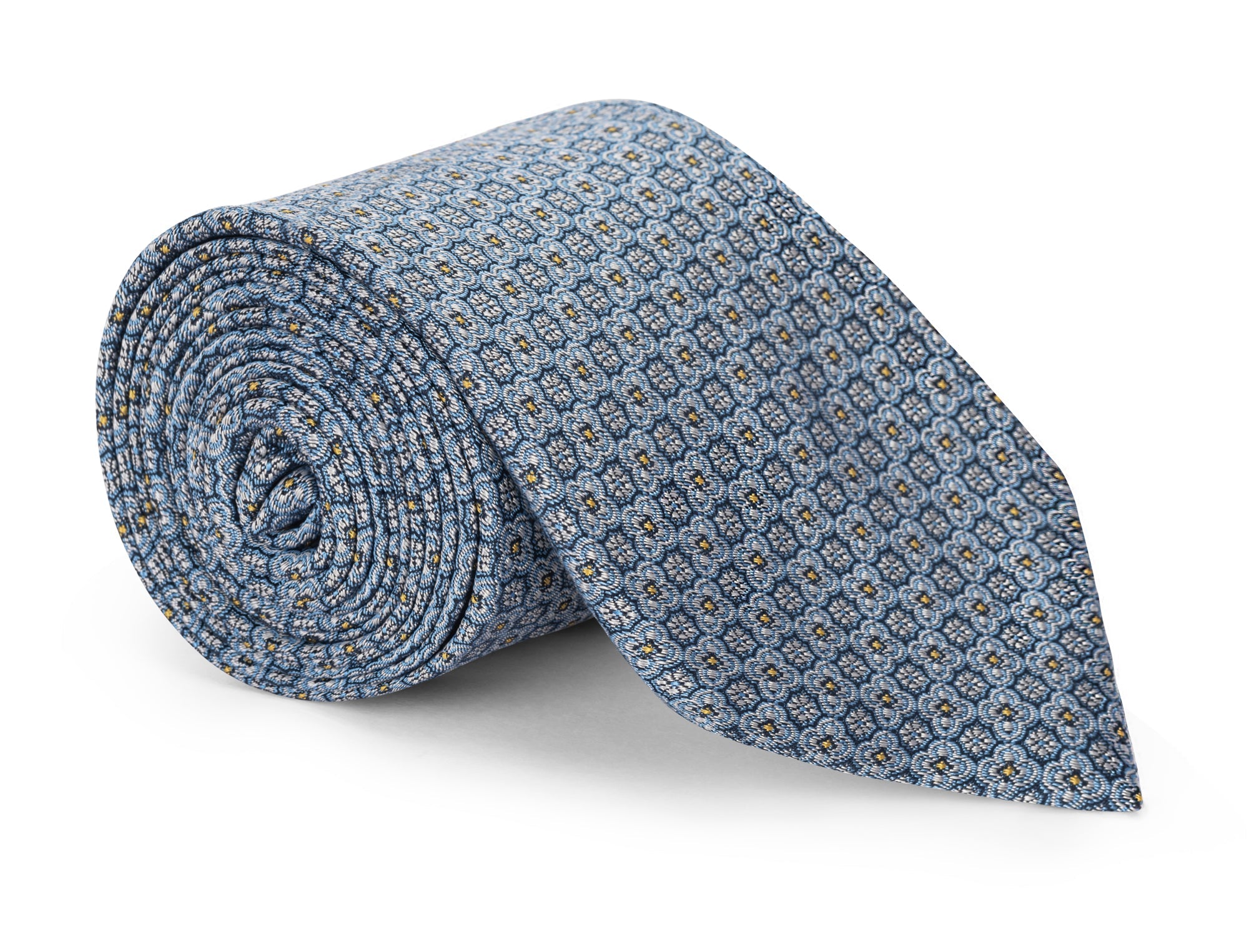 Blue foulard silk necktie with a small repeating motif, shown flat