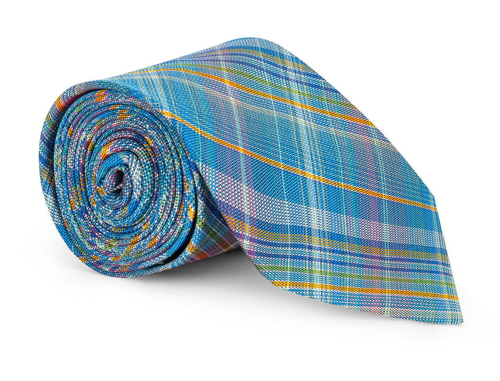 Teal plaid silk necktie photographed flat, check pattern visible
