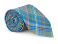 Teal plaid silk necktie photographed flat, check pattern visible