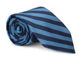 Blue striped silk necktie laid flat with the knot end in view