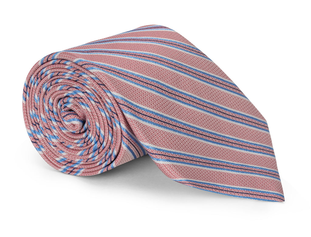 Pink and navy bar striped silk necktie laid flat, stripe repeat visible