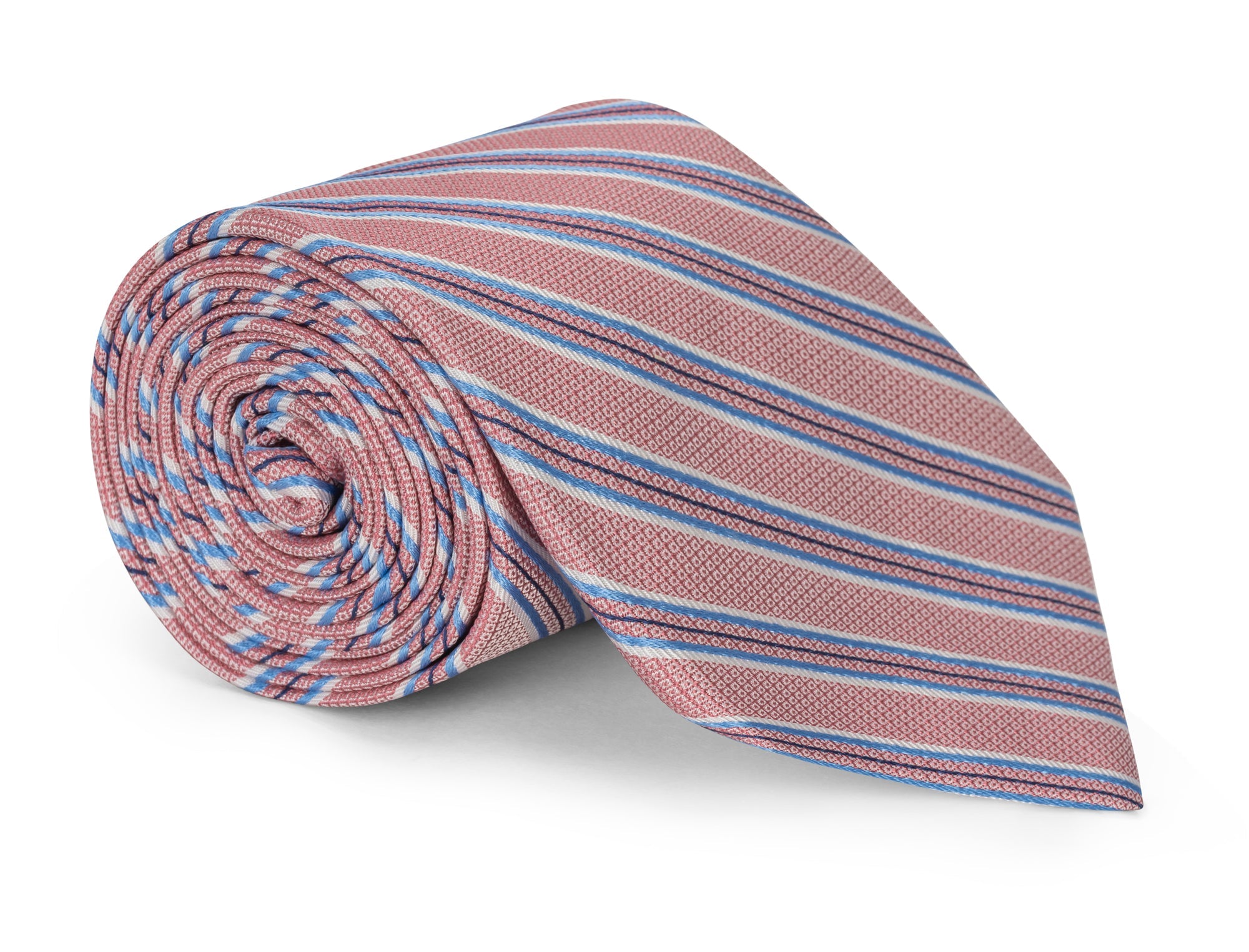 Pink and navy bar striped silk necktie laid flat, stripe repeat visible