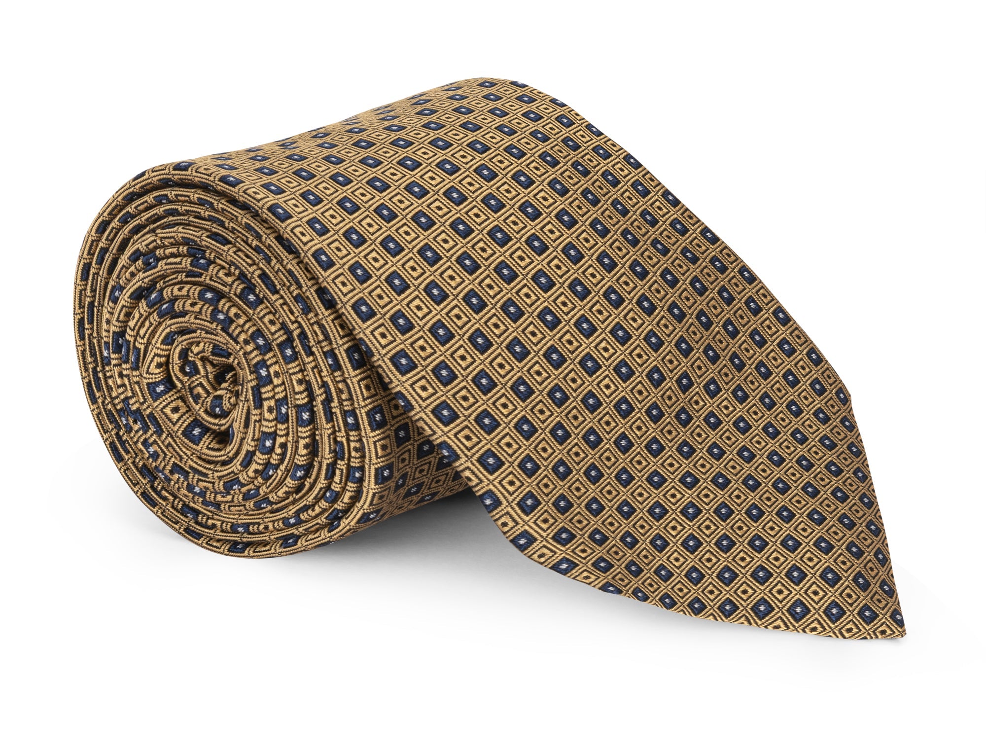 Gold silk necktie with a micro square pattern, shown in close detail