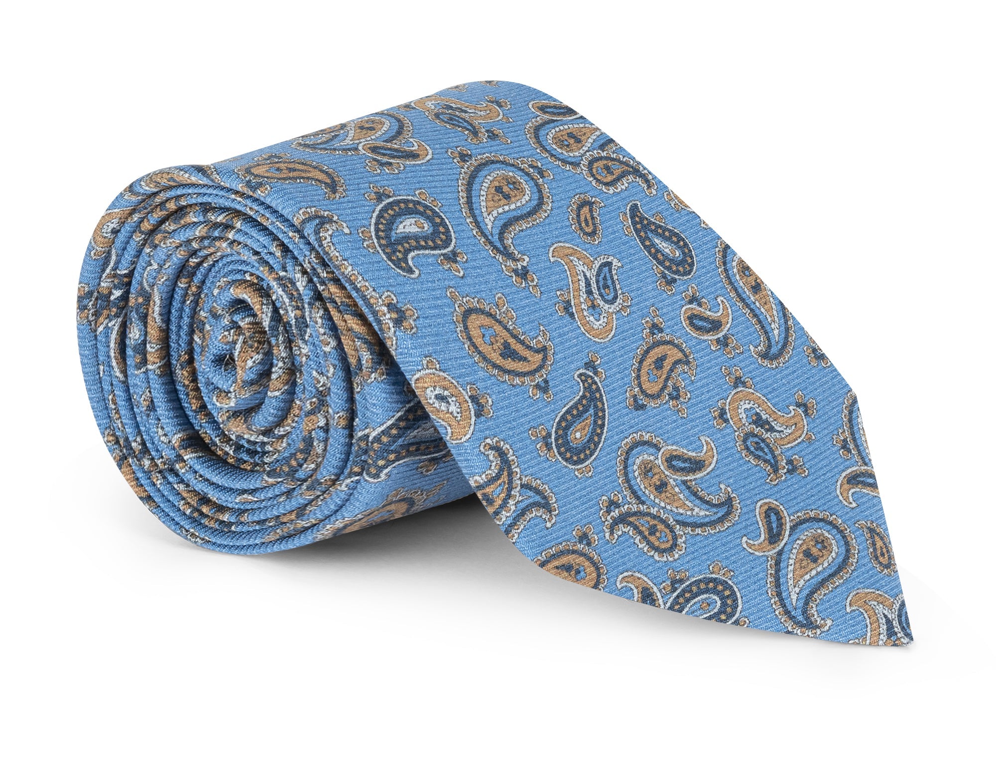Light blue paisley silk necktie laid flat, paisley repeat in view