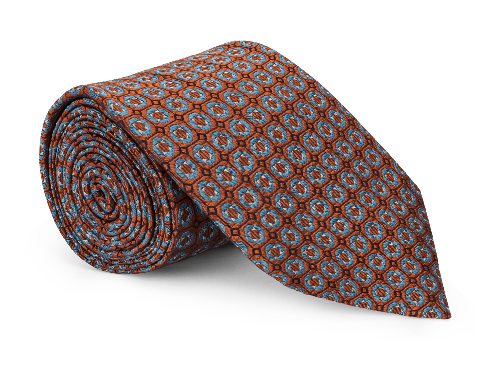 Orange geometric patterned silk necktie shown flat on a light ground