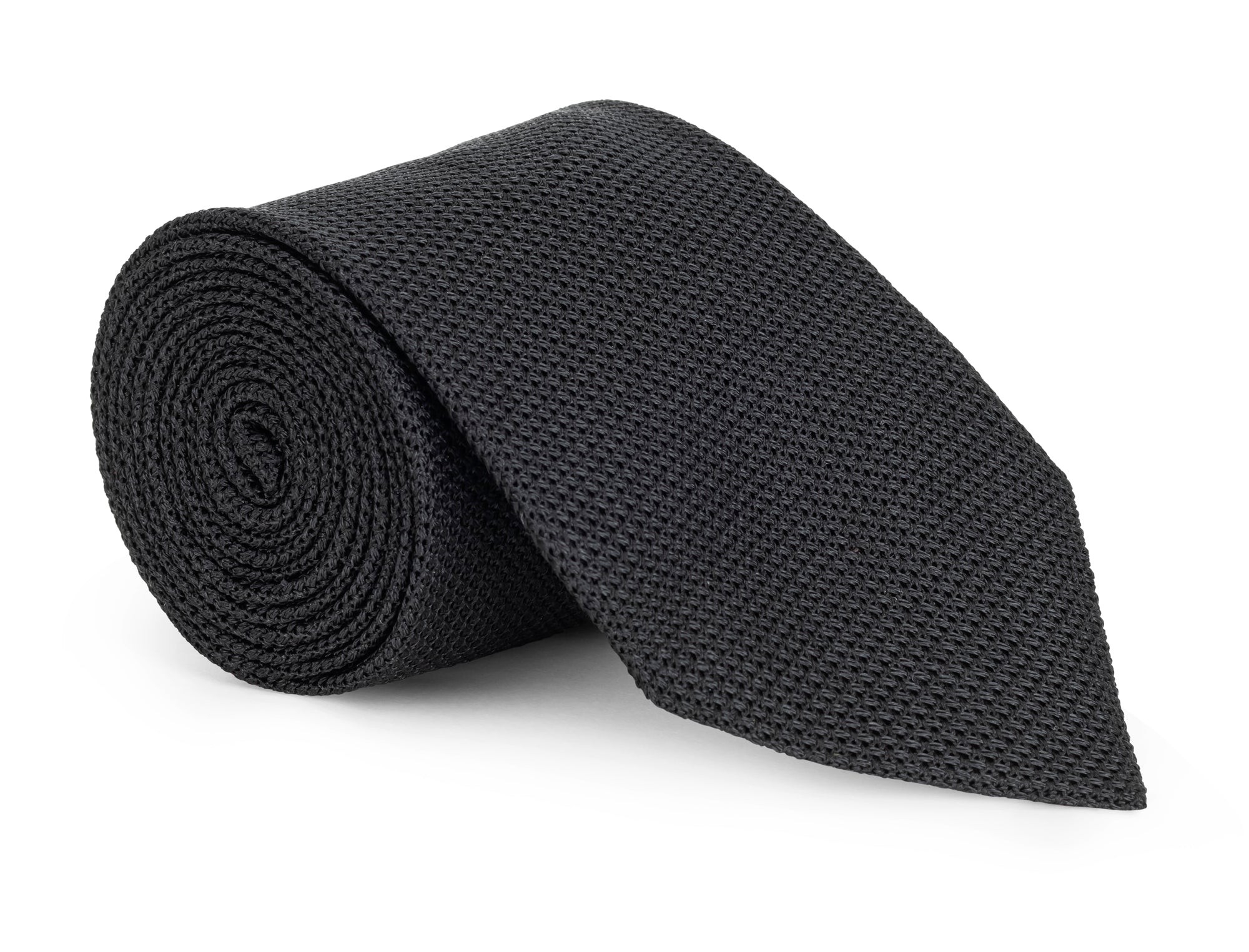 Black grenadine silk necktie shown knotted, open weave visible up close