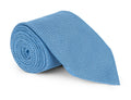 Mid-blue grenadine silk necktie with an open textured weave, shown flat