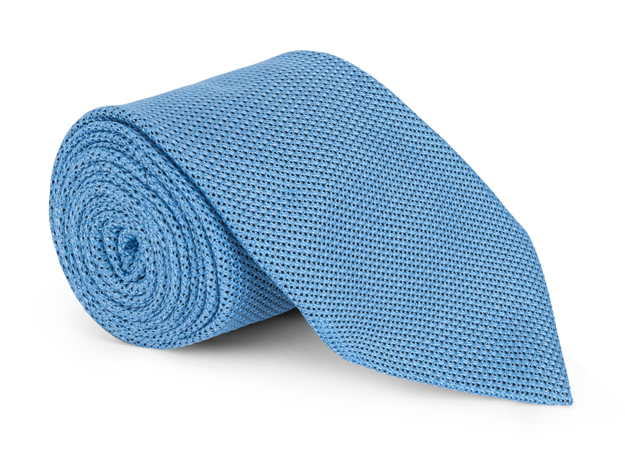 Mid-blue grenadine silk necktie with an open textured weave, shown flat