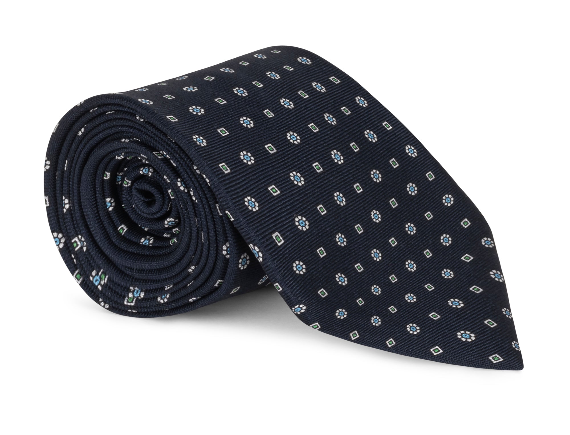 Navy silk necktie with a micro geometric motif, shown in close detail