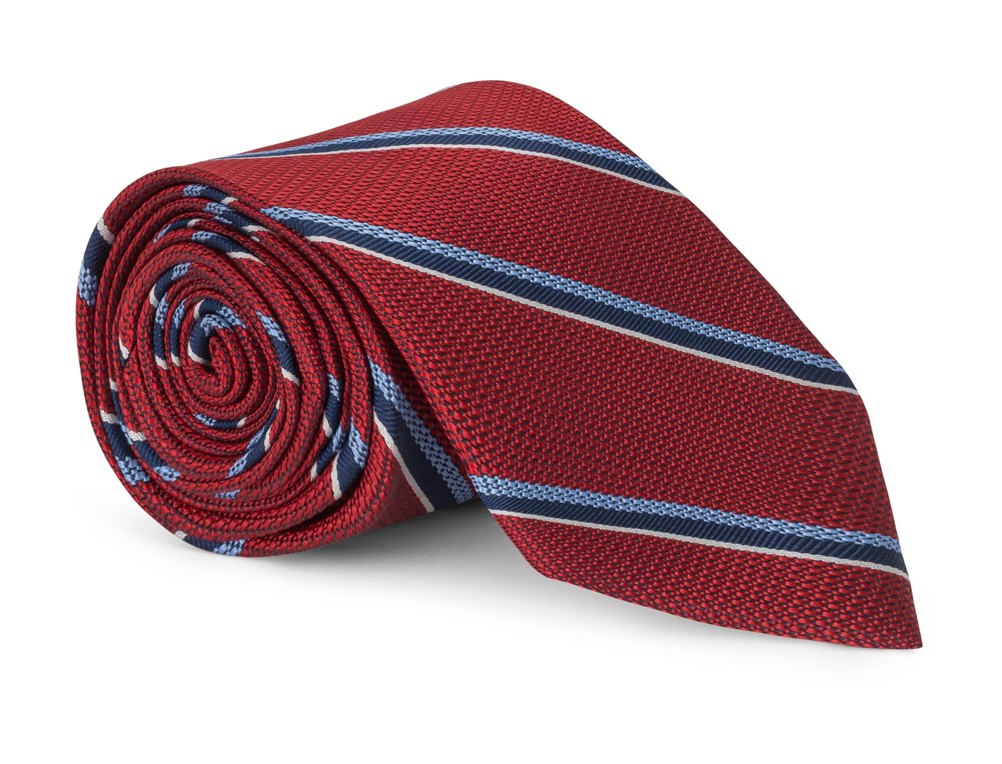Red striped silk necktie photographed flat, diagonal stripe repeat
