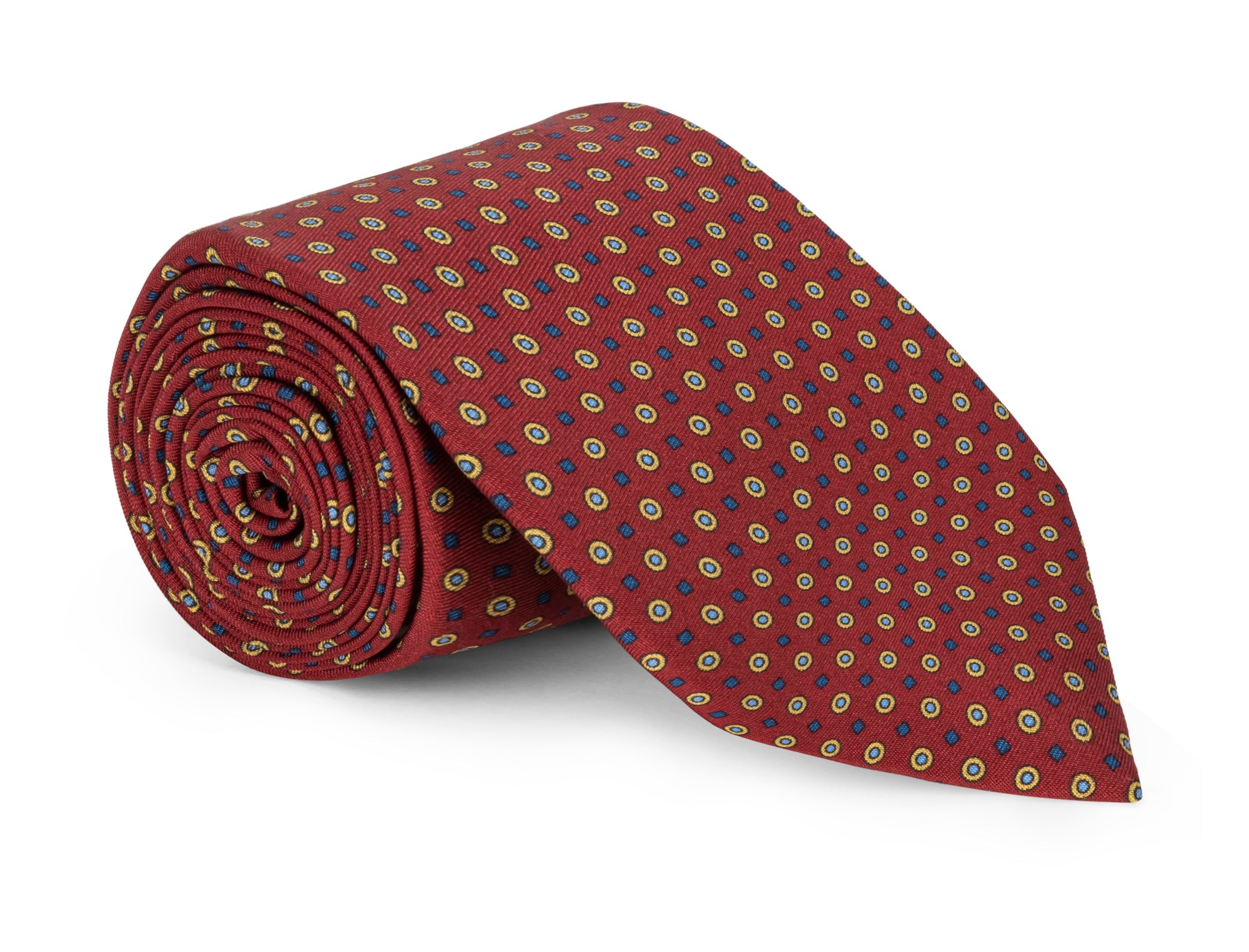 Crimson silk necktie with a micro geometric weave, shown close up
