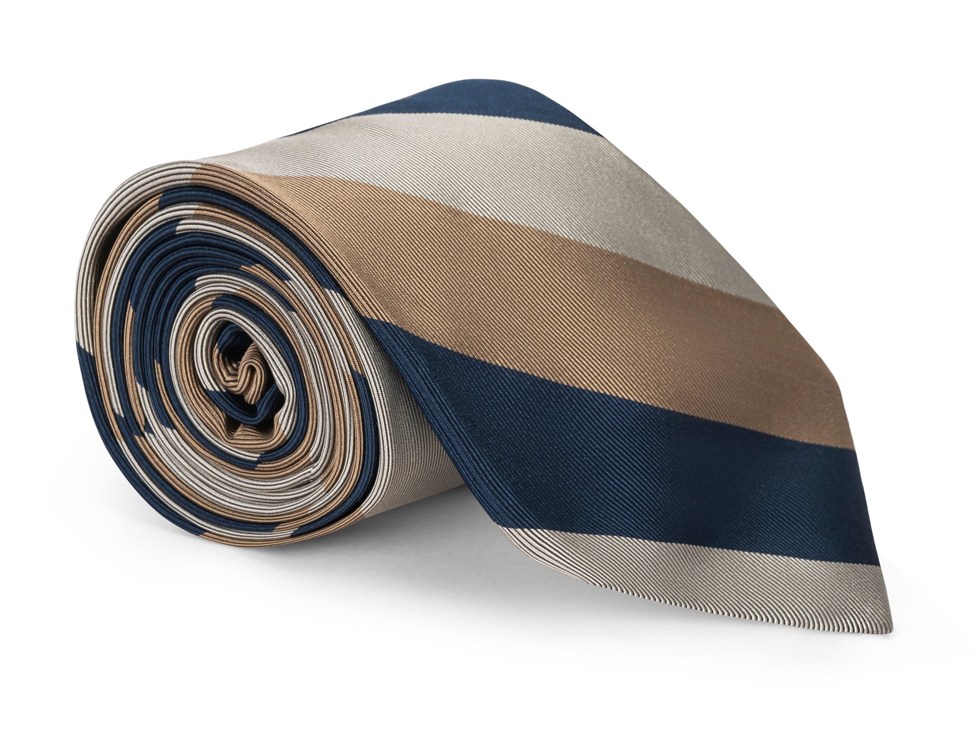 Multi-coloured striped silk necktie shown knotted, several stripe tones