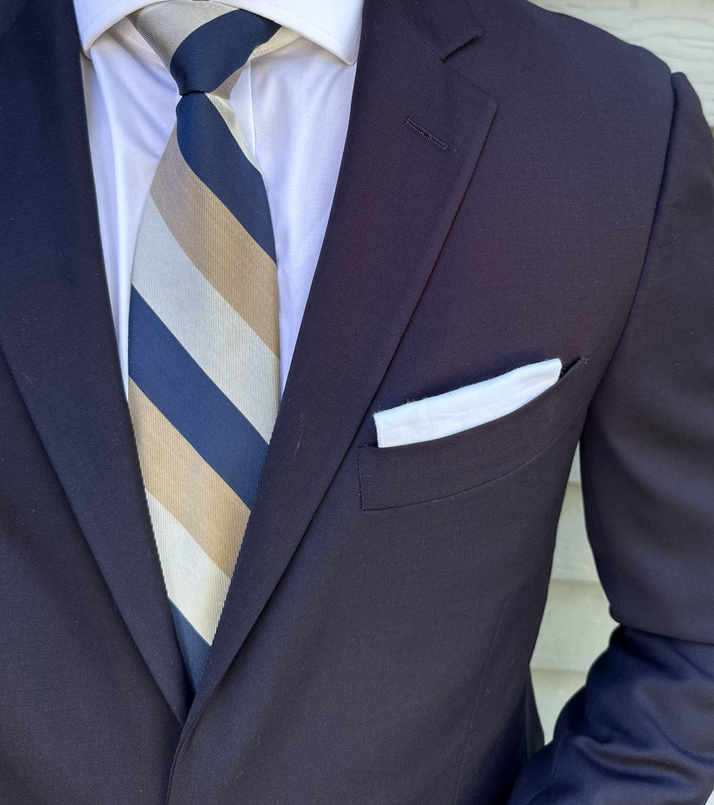 Multi-coloured striped silk necktie shown knotted, several stripe tones