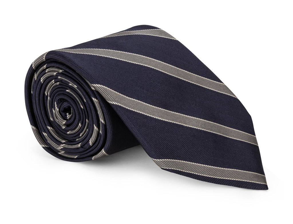 Navy striped silk necktie laid flat with the stripe repeat in view