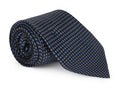 Black satin silk necktie with a foulard motif, sheen visible in light