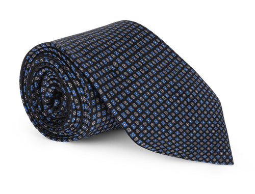 Black satin tie with fine printed foulard pattern