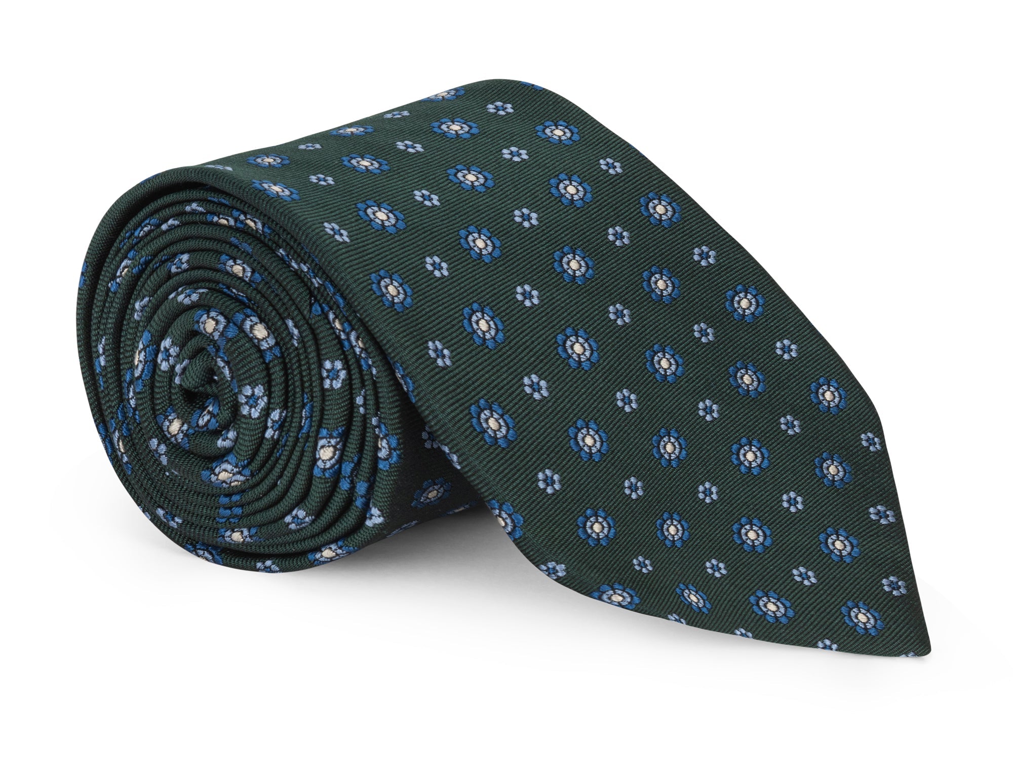 Dark green foulard silk necktie with a small repeating motif, flat